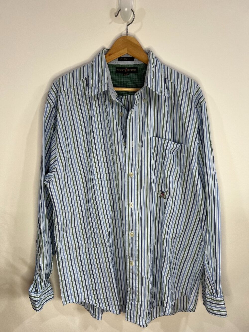 Vintage Tommy Hilfiger Golf Men's Shirt L Blue w/ White and Green Stripes Crest